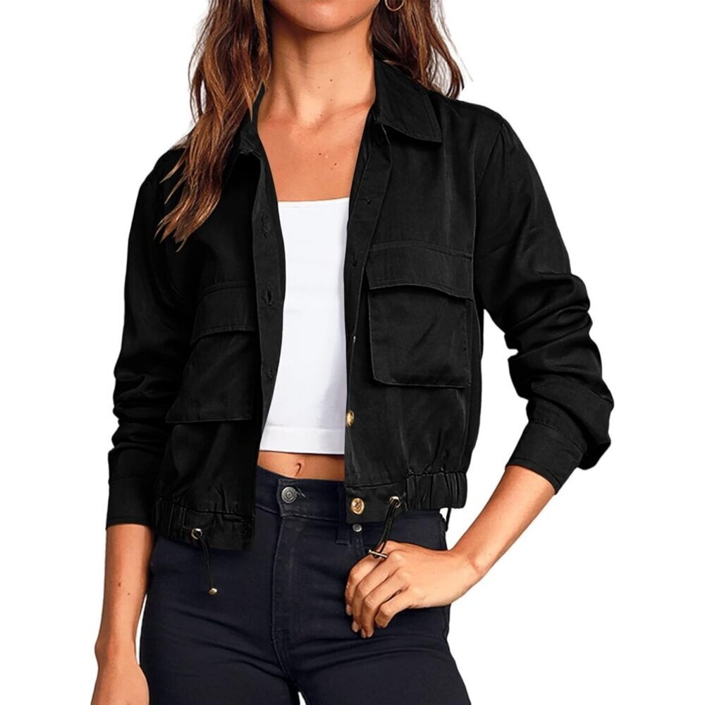 Women's Black Military Safari Cropped Jackets Button Down Lightweight Oversized
